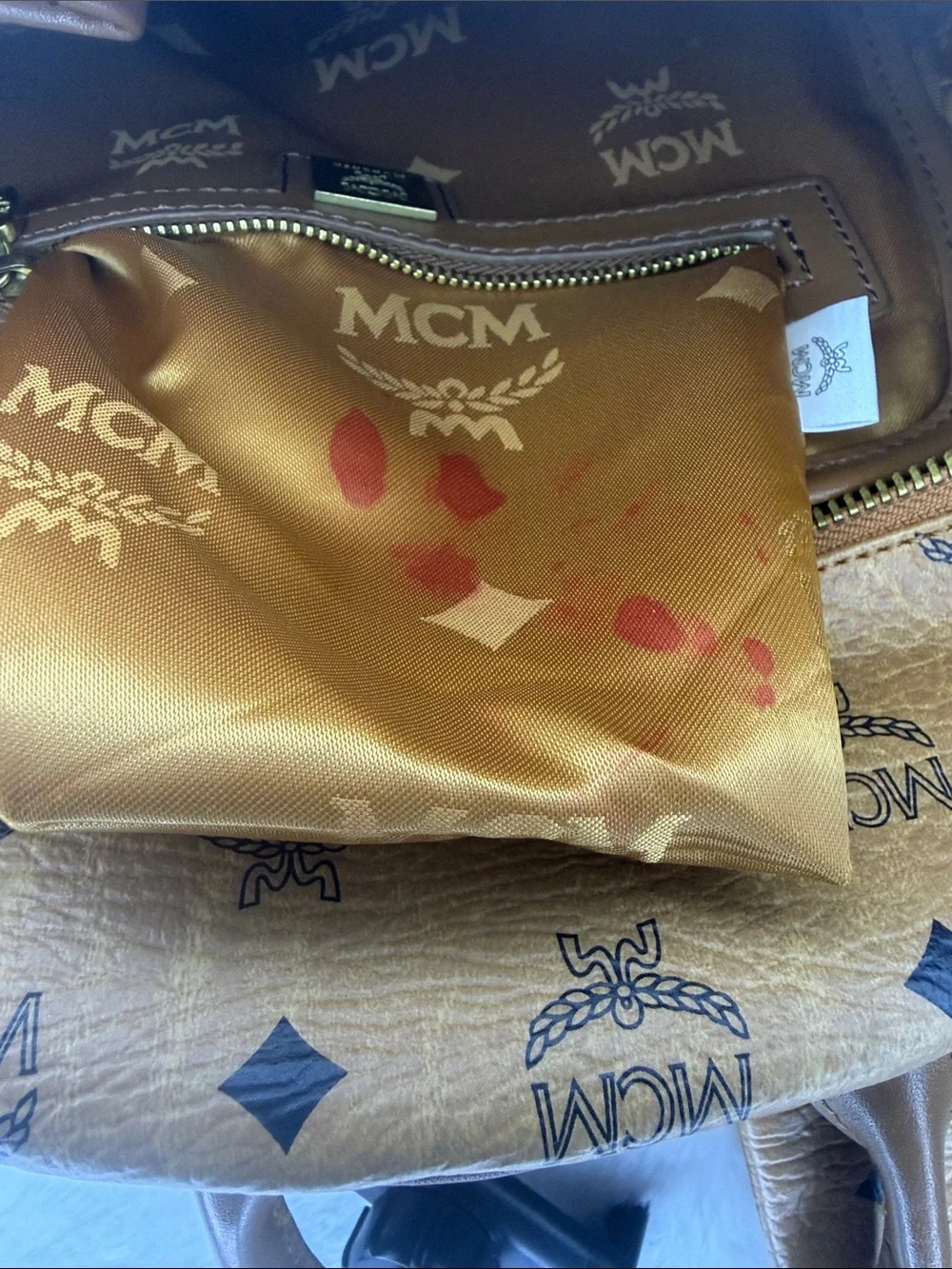MCM Cognac Visetos Monogram Studded 2- Way Backpack Removable Pouch and Strap